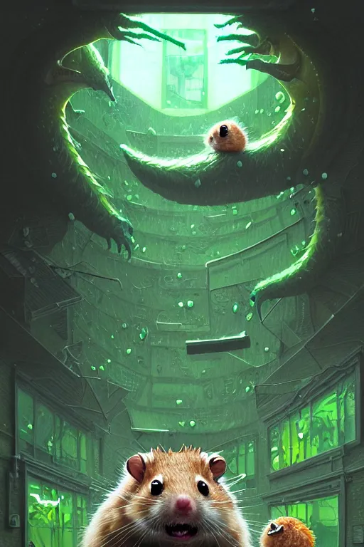 Image similar to a detailed illustration of a giant hamster monster destroying a school, green slime dripping from the hamster, intricate, horror, highly detailed, digital painting, trending on artstation, smooth, sharp focus, illustration, art by greg rutkowski, loish, rhads, makoto shinkai and lois van baarle, ilya kuvshinov, rossdraws