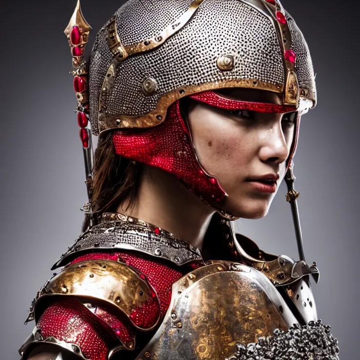 Image similar to photograph of a real-life beautiful! female warrior with ruby encrusted armour. Extremely detailed. 8k