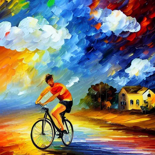 Prompt: A whimsical painting of a happy man flying in the sky on his bicycle in the clouds, expressive oil painting, digital art by Leonid Afremov