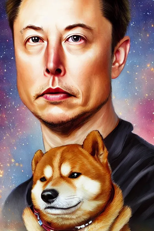 Prompt: photorealistic portrait photograph of elon musk with a shiba inu dog, handsome, depth of field, soft focus, highly detailed, intricate, realistic, national geographic cover, soft glow, textured, artstation, concept art, sharp focus, illustration, art by artgerm and greg rutkowski and alphonse mucha