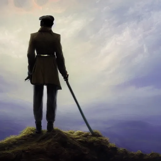 Image similar to dark-skinned man standing tall on a cliff fog clouds clothed in military uniform holding sword in the style of CASPAR DAVID FRIEDRICH techno atmosphere colourful beautiful image, brush strokes, pastel, artstation deviantart acrylic