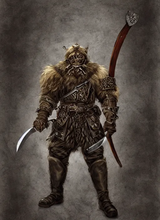 Image similar to strong young man, photorealistic bugbear ranger holding aflaming sword, black beard, dungeons and dragons, pathfinder, roleplaying game art, hunters gear, jeweled ornate leather and steel armour, concept art, character design on white background, by alan lee, norman rockwell, makoto shinkai, kim jung giu, poster art, game art