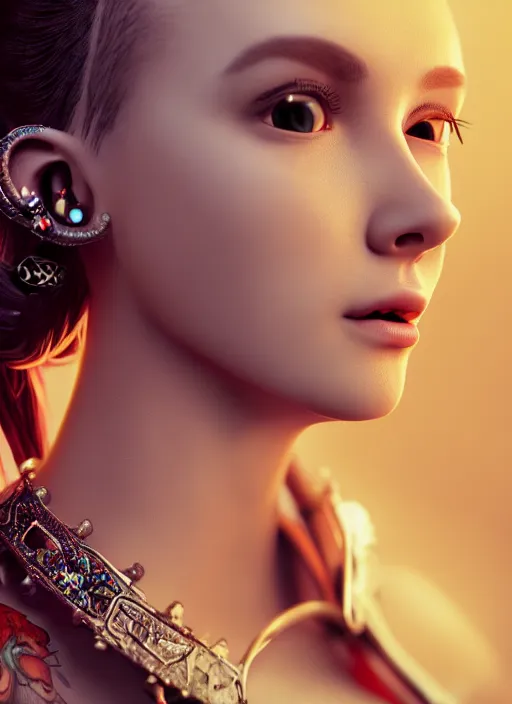 Image similar to a beautiful portrait of a beautiful girl with piercings in a collar with a mohawk hairstyle in a medieval dress, behance hd, oliver mark, global illumination, detailed and intricate environment