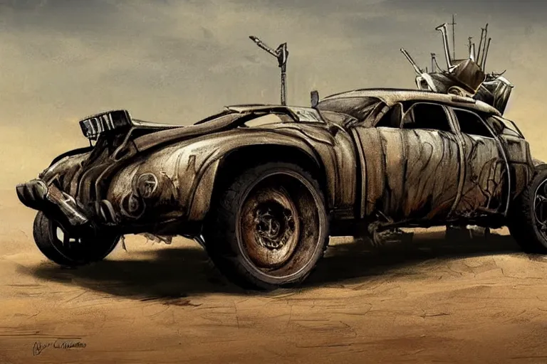 Prompt: Concept art of a mad max wedge car. Dieselpunk