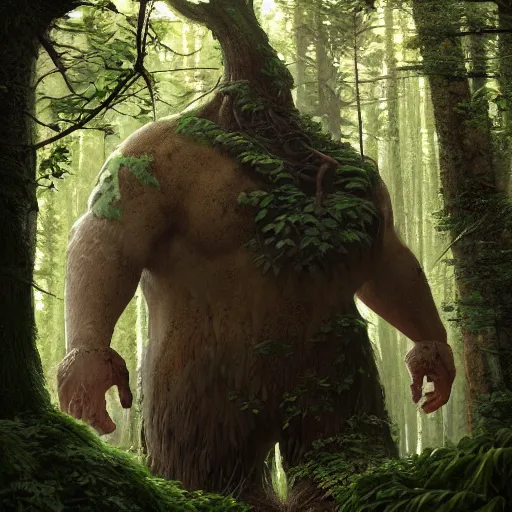 Image similar to a forest giant in the woods, au naturel, hyper detailed, digital art, trending in artstation, cinematic lighting, studio quality, smooth render, unreal engine 5 rendered, octane rendered, art style by klimt and nixeu and ian sprigger and wlop and krenz cushart