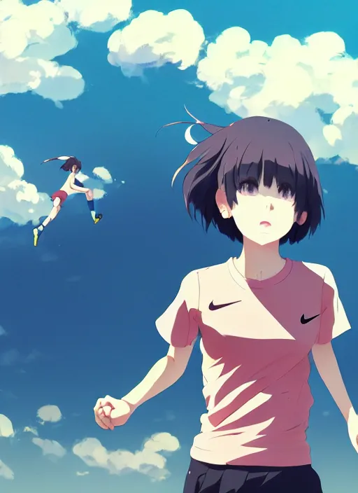 Image similar to portrait of high school runner girl, sunny sky background stadium landscape illustration concept art anime key visual trending pixiv fanbox by wlop and greg rutkowski and makoto shinkai and studio ghibli and kyoto animation real face symmetrical facial features short down hair sports clothing marathon race sponsors nike shirt