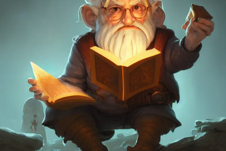 Image similar to legendary elegant gnome merchant reading book,, highly detailed, d & d, fantasy, highly detailed, digital painting, trending on artstation, concept art, sharp focus, illustration, global illumination, ray tracing, realistic shaded, art by artgerm and greg rutkowski and fuji choko and viktoria gavrilenko and hoang lap