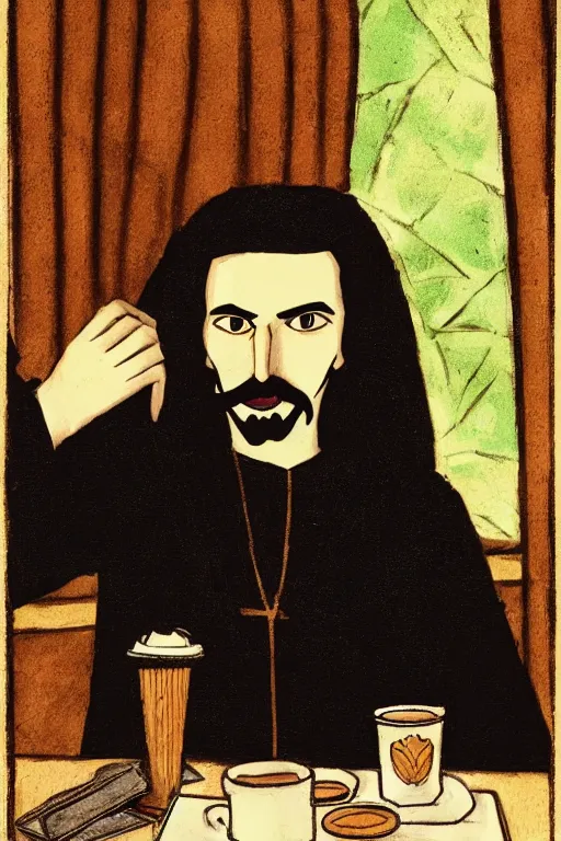 Prompt: portrait of vlad tepes sitting at a window table in a coffee shop