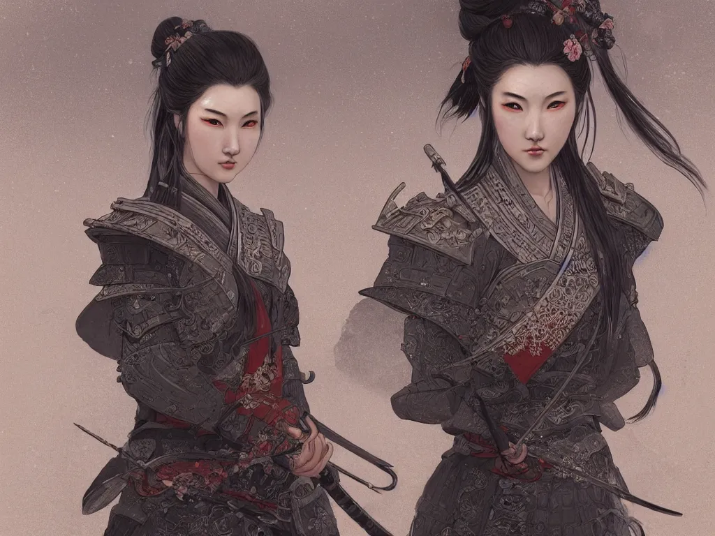 Image similar to portrait grey hair beautiful samurai girl, armor samurai wardrobe, in fired honnoji temple wet night, ssci - fi and fantasy, intricate and very very beautiful and elegant, highly detailed, digital painting, artstation, concept art, smooth and sharp focus, illustration, art by tian zi and wlop and alphonse mucha