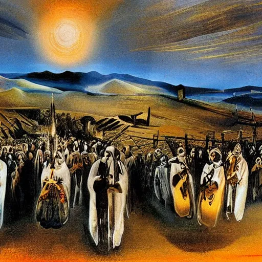 Prompt: A A Holy Week procession of souls in a Spanish landscape at night by Salvador Dali.