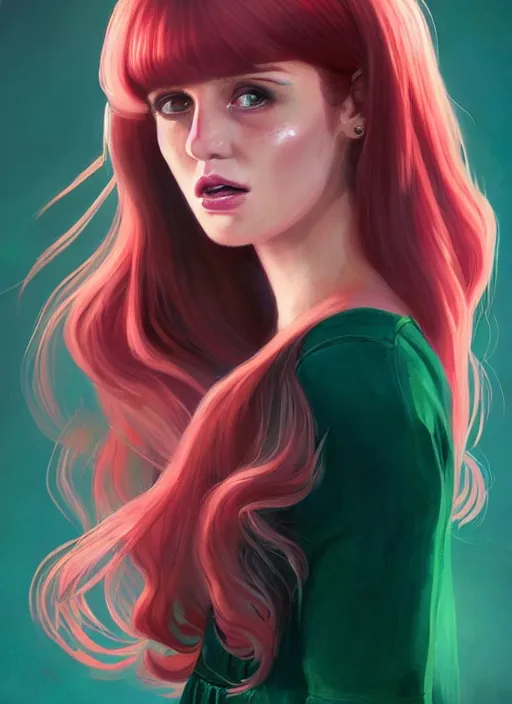 Image similar to full body portrait of teenage cheryl blossom, bangs, green eyes, sultry expression, red hair, sultry smirk, bangs and wavy hair, pink skirt, bangs, intricate, elegant, glowing lights, highly detailed, digital painting, artstation, concept art, smooth, sharp focus, illustration, art by wlop, mars ravelo and greg rutkowski