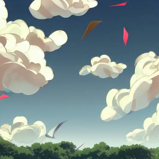 Prompt: background art of flying longswords flowing and floating through the blowing directional wind on a simple cloudy sky background, big puffy clouds, large individual rose petals, angular background elements, polygonal fragments, anime, studio ghibli, artgerm, manga, trending on artstation, art nouveau, mature color scheme