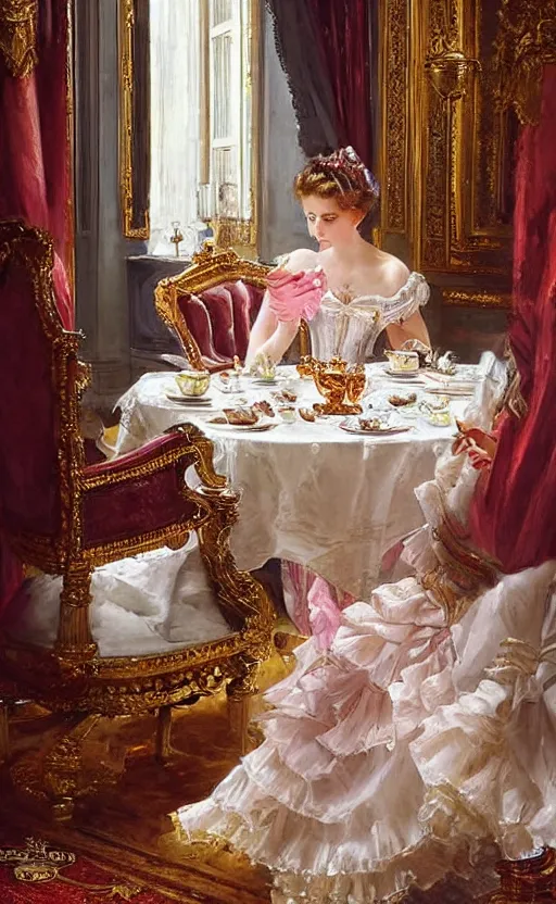 Prompt: Victorian princess drinking tea on the royal palace dining room. By Konstantin Razumov, highly detailded