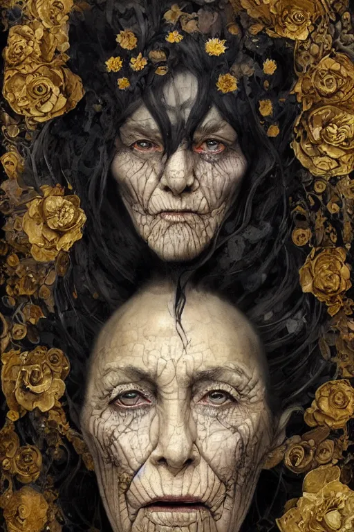 Image similar to portrait of hairy old woman with diluted aquarelle painted skin. close up. very dark black hair, large gold eyes. intricate dark flowers pattern on background, high detail, by Peter mohrbacher and Eddie Mendoza