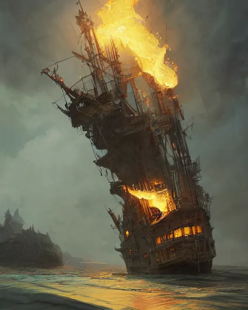 Image similar to a highly detailed epic cinematic concept art CG render digital painting artwork: Pirate ghost ship on fire. By Greg Rutkowski, in the style of Francis Bacon and Syd Mead and Norman Rockwell and Beksinski, open ceiling, highly detailed, painted by Francis Bacon and Edward Hopper, painted by James Gilleard, surrealism, airbrush, Ilya Kuvshinov, WLOP, Stanley Artgerm, very coherent, triadic color scheme, art by Takato Yamamoto and James Jean