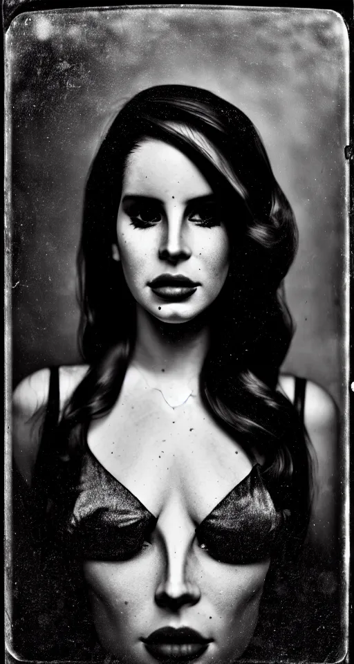 Prompt: a wet plate photograph, a portrait of Lana Del Rey