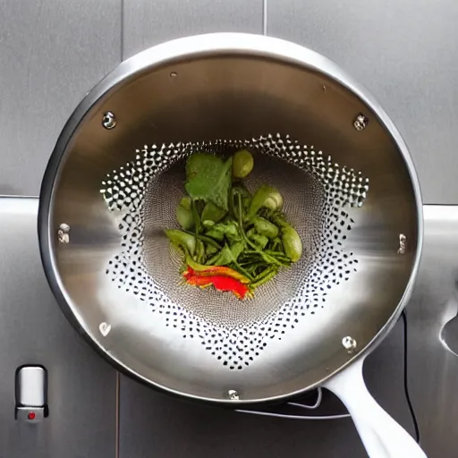 Prompt: a picture of a partrige inside of a colander