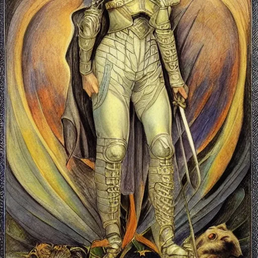 Image similar to most beautiful jeanne d'arc in the style of william blake, terese nielsen, detailed, intricate, beautiful faces, steve argyle, loss of sanity, ecclesial wolf's den pastoral fantastic reality