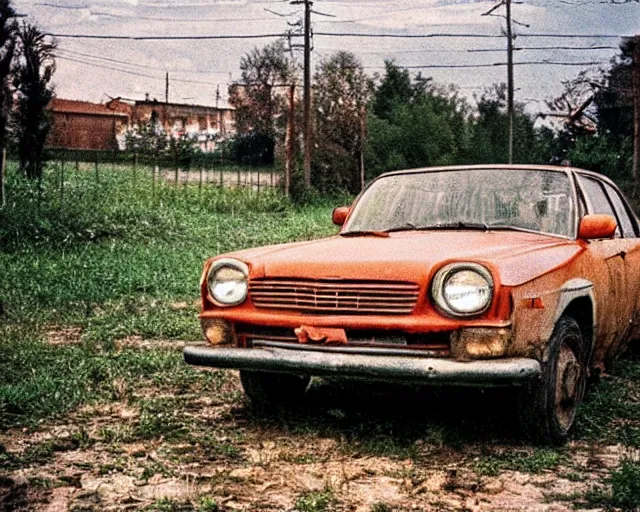 Image similar to a lomographic photo of old lada 2 1 0 7 standing in typical soviet yard in small town, hrushevka on background, cinestill, bokeh