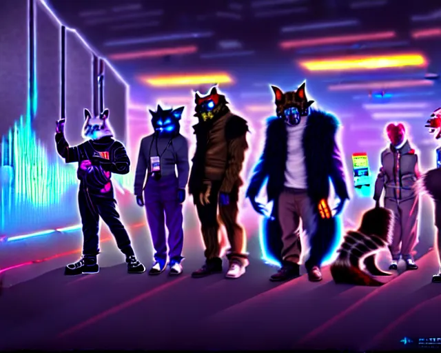 Image similar to high - resolution photograph from a cyberpunk era furry fandom convention ( midwest furfest 2 0 4 7 ), taking place after the genetic revolution and quantum singularity. photorealistic.