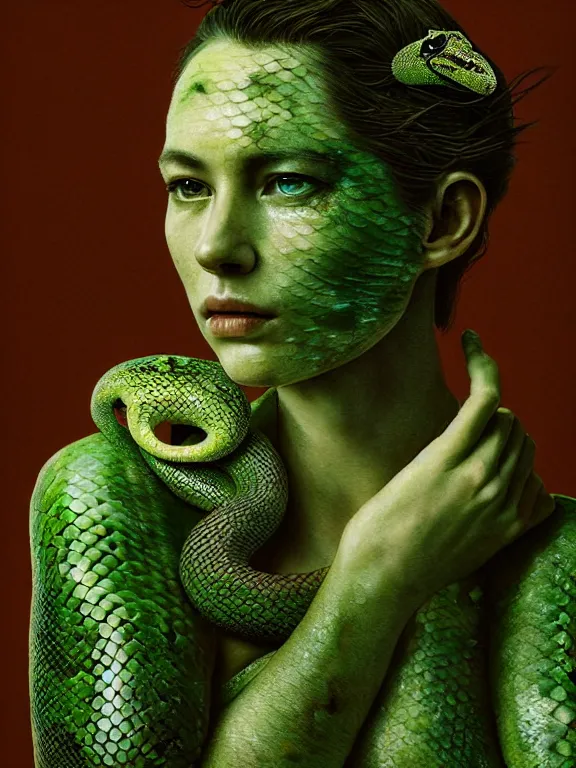 Image similar to portrait of the queen, skin peeling to reveal green! scales!, forked snake tongue sticking out, art by ryo shiotani and greg rutkowski, intricate, beautiful, portrait photography, cinematic lighting, vintage art by serge ivanoff, high resolution, very detailed