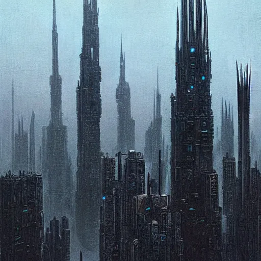 Image similar to towering spires of buildings, cyberpunk bladerunner style, beksinski and star wars style painting