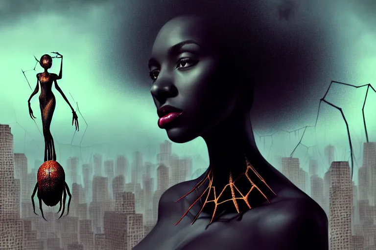 Image similar to realistic detailed photorealistic film portrait shot of a beautiful black woman with a giant spider, sci fi city landscape background by denis villeneuve, amano, yves tanguy, alphonse mucha, ernst haeckel, david lynch, edward robert hughes, roger dean, cyber necklace, dynamic pose, rich moody colours, wide angle