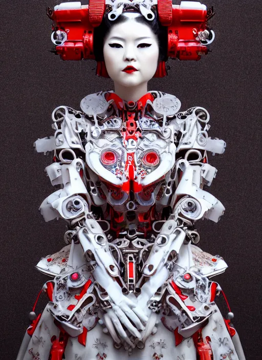 Image similar to portrait of a organic seductive cybernetic latex geisha mecha, imari, modern fine art, fractal, in the style of ghosts in the machine, intricate ornaments, elegant, highly detailed, digital photography, subsurface scattering, by greg rutkowski,
