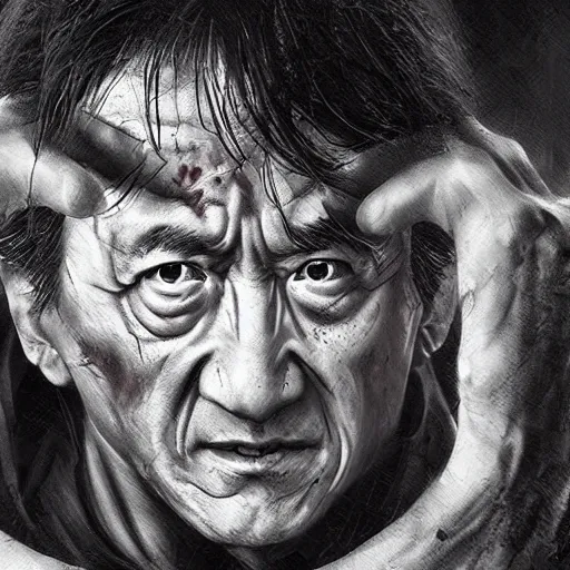 Image similar to Jackie Chan as a zombie, by WLOP, detailed, realistic, trending on artstation