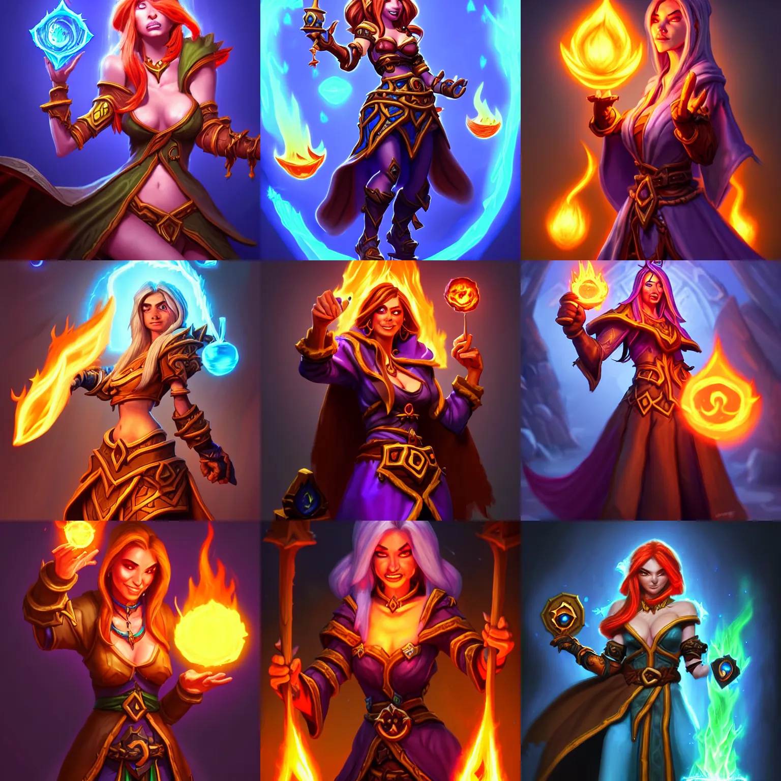 Prompt: Hearthstone official professional art. A sorceress, wearing a robe casting a fire ball. Insanely coherent physical body parts (face, arms, legs, hair, eyes). Full body realistic, insanely insane, illustration, ArtStation