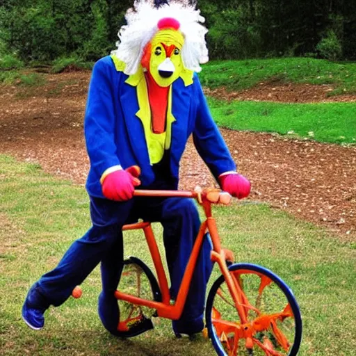 Image similar to einstein is wearing a clown outfit, he is riding a unicycle, he is eating an apple,