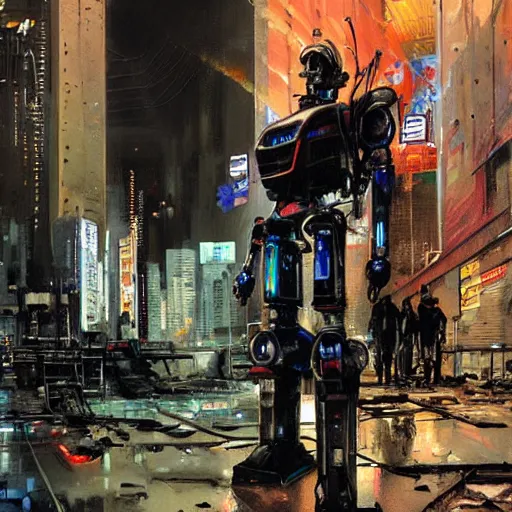 Image similar to a full-metal neon robot sobs when seeing the devastation of cyberpunk La Moneda in Santiago of Chile, oil on canvas by Yoji Shinkawa and Esao Andrews