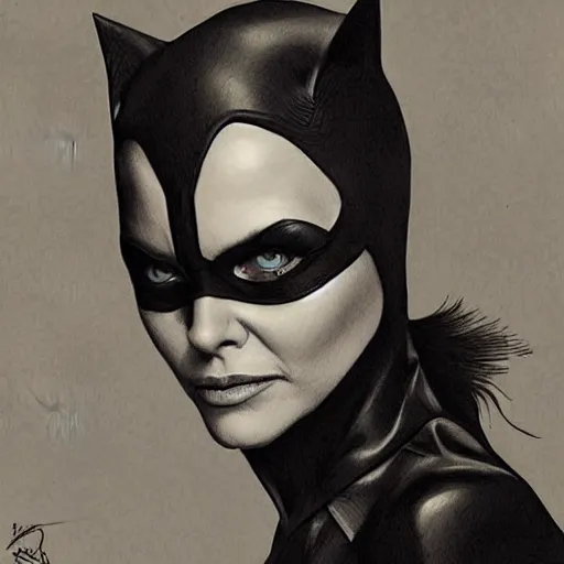 Prompt: amazing lifelike award winning pencil illustration of Michelle pfeiffer as catwoman trending on art station artgerm Greg rutkowski cinematic