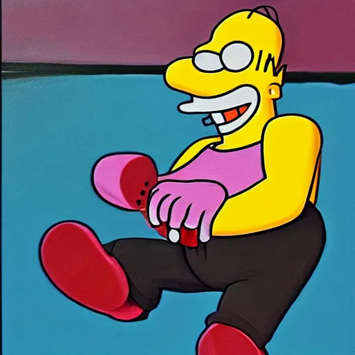 Prompt: a painting in the style of my dark beautiful twisted fantasy about homer simpson breakdancing, high quality