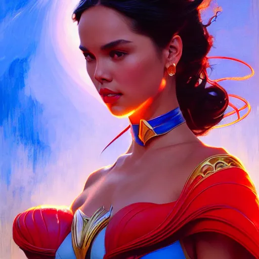 Image similar to catriona gray as darna, volumetric lights, red and cyan theme, art nouveau botanicals, intricate, highly detailed, digital painting, artstation, concept art, smooth, sharp focus, cinematic, illustration, beautiful face, art by artgerm and greg rutkowski and alphonse mucha