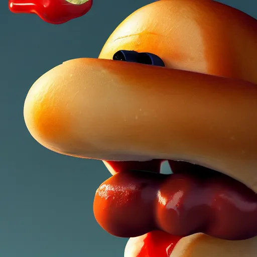 Prompt: hot dog with teeth sprouting out of bun, mustard dripping from teeth, side of ketchup, artstation, cgsociety