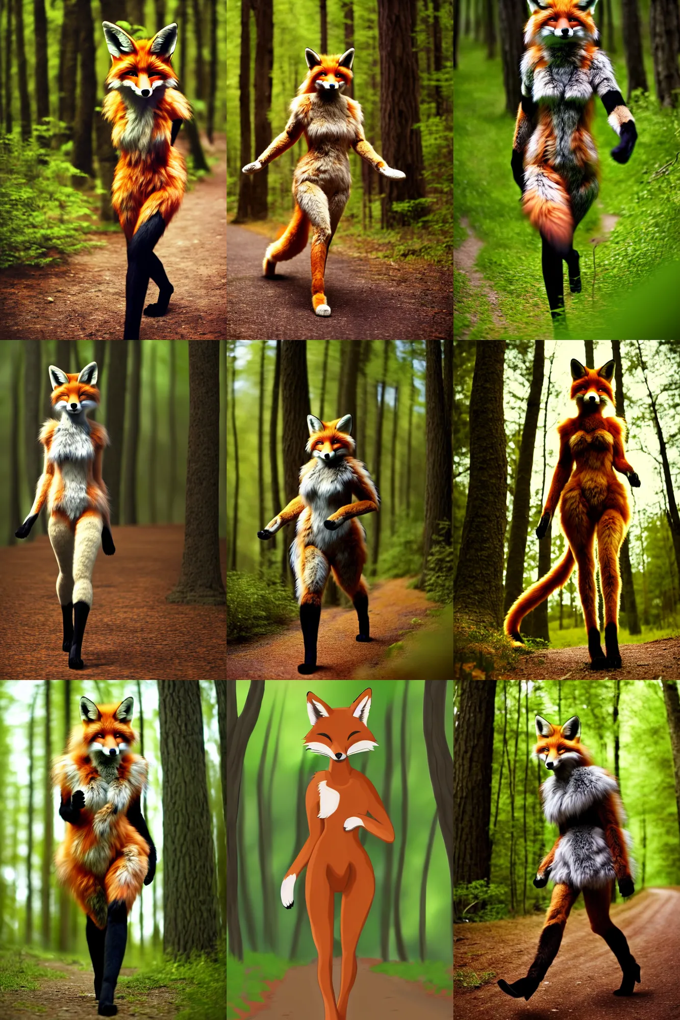 Image similar to anthro furry digitigrade natural - colored fox woman with black paws, walking upright in a forest, cinematic