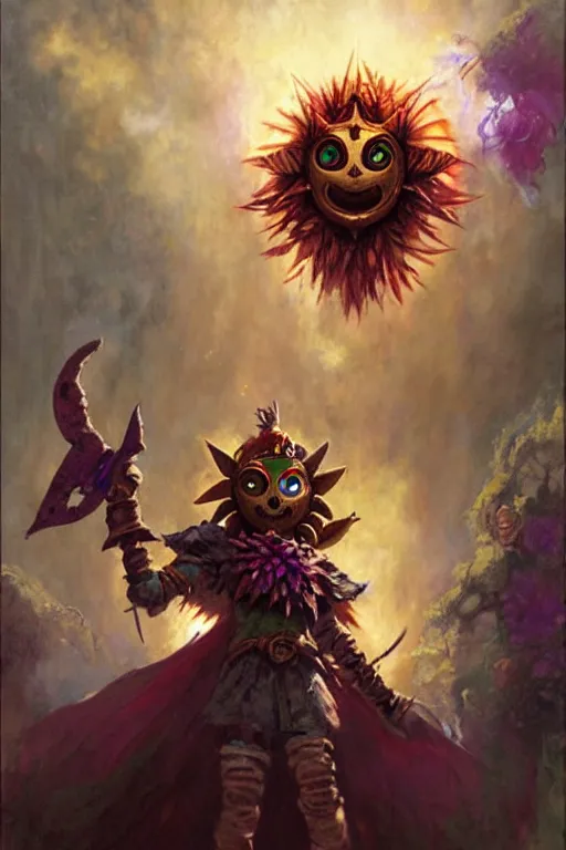 Image similar to majora's mask as a magic the gathering card portrait dnd, painting by gaston bussiere, craig mullins, greg rutkowski, yoji shinkawa