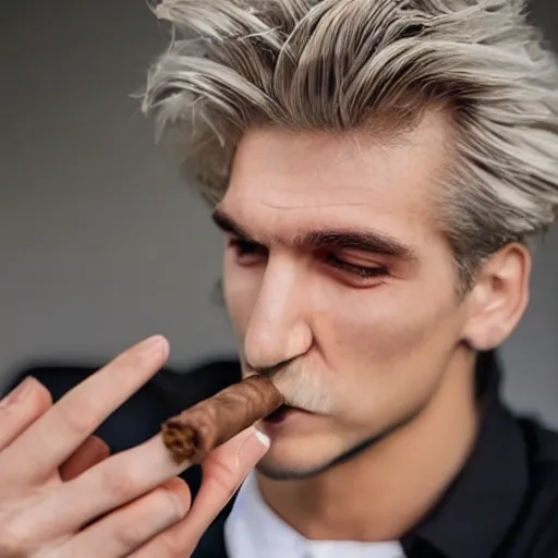 Image similar to a closeup photo of handsome gigachad xqc smoking a cigar