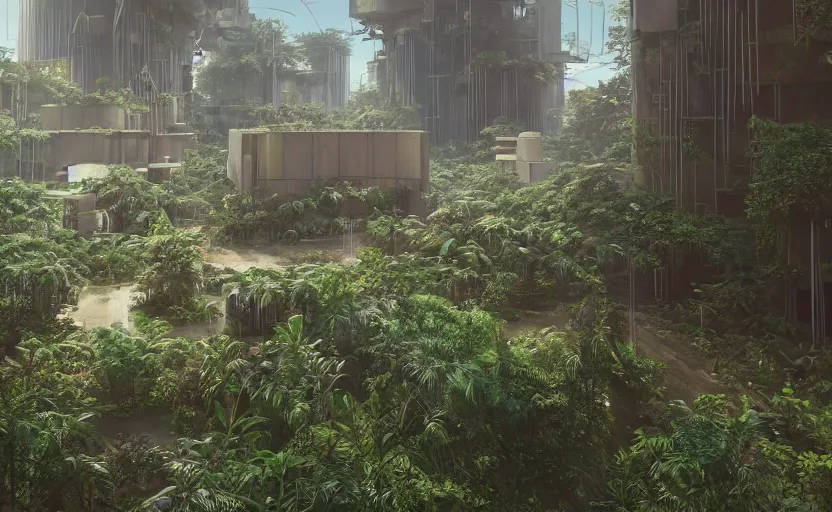 Interior of an abandoned utopian city, overgrown with | Stable 