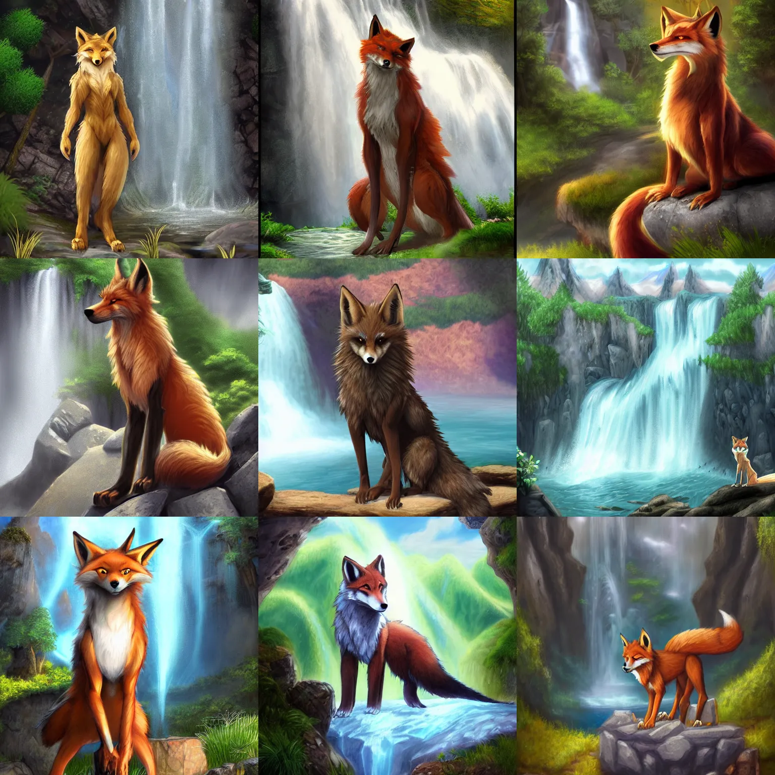 Prompt: fantasy furry art of a noble anthro!!!! werefox standing in front of a waterfall, photorealistic, award winning, FurAffinity