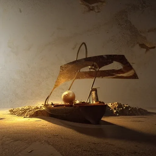 Prompt: “golden shovel digging gold scattered treasures and pearls ship wreck in the style of Edward Hooper detailed 8k atmospheric volumetric lighting octane render” - S 627395