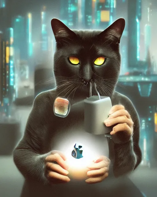 Prompt: a cat eating a computer mouse, cyberpunk, digital art, 8 k, trending on artstation