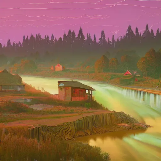 Image similar to dreamlike photo of a sparse village near a river and intertwined with nature, defunct technology, by Moebius by Simon Stålenhag, 4k wallpaper, high details, blur, motion blur, volumetric lighting, dynamic, synthwave, 80s , retro