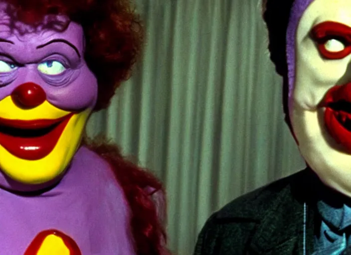 Image similar to film still of ronald mcdonald and grimace in a 1 9 8 0 s horror movie