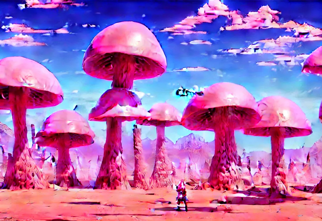 Image similar to futuristic giant pink mushrooms in a desert, intricate oil painting, high detail illustration, sharp high detail, manga and anime 1 9 9 9, official fanart behance hd artstation by jesper ejsing and makoto shinkai, 4 k,