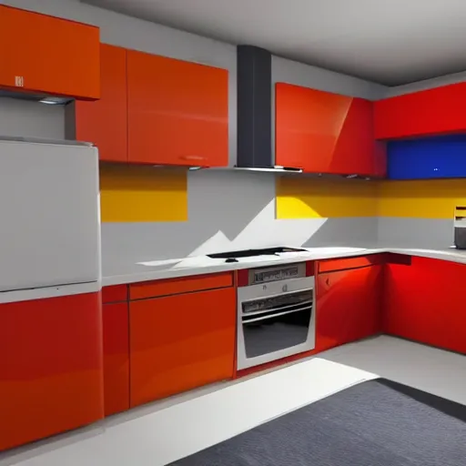 Image similar to 1970's futurist interior kitchen, furnished by aero aarino, primary colors are white, orange, yellow, and red unreal engine 8k resolution