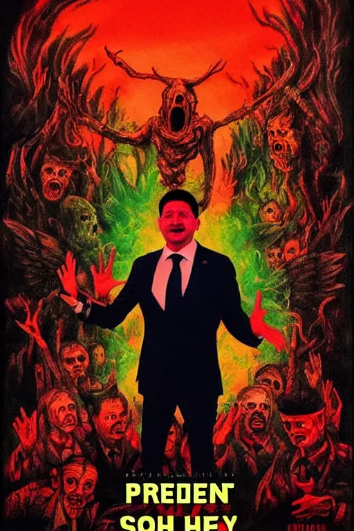 Image similar to president zelensky is in hell, art in the style of a poster for horror films in a cinema, detailed art in color