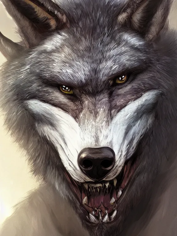 Image similar to 3/4 headshot of cute anthro wolf man, D&D, handsome, fantasy, intricate, long snout, donkey ears, fursona, black hair, elegant, highly detailed, digital painting, artstation, concept art, smooth, sharp focus, illustration, art by artgerm and greg rutkowski and alphonse mucha