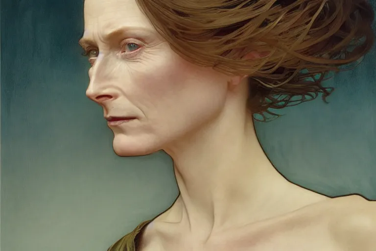 Image similar to hyper realistic portrait of tilda swildon, bigger forehead, bigger chin, from the side, by lee bermejo, alphonse mucha and greg rutkowski
